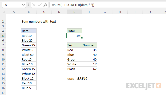 how do i sum numbers with text in excel